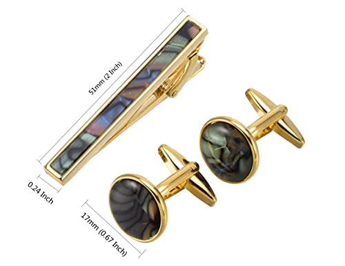 Jonwo Polished Natural Abalone Men Cufflinks And Tie Clip Set Silver Tone 14K Gold Plated Men Tie Pin Cufflinks For Wedding Tuxedo Shirt Party Birthday Anniversary (Gold Plated Round Cufflinks Tie Clip Set) #TOP1