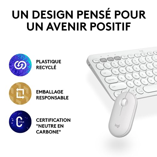 Logitech Pebble Keys 2 K380s Clavier sans Fil Bluetooth FR AZERTY Pebble Mouse 2 M350s Wireless Bluetooth - Blanc