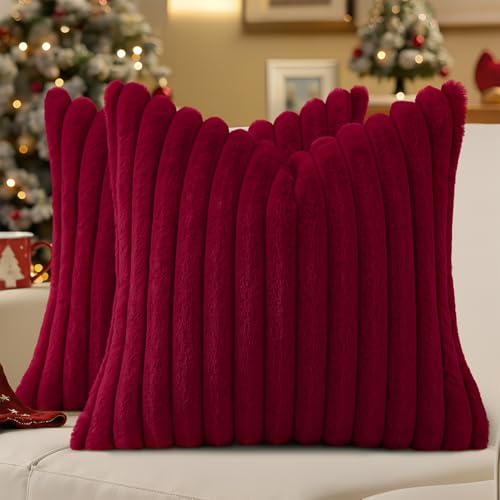 Image of decorUhome Fall Faux Fur Throw Pillow Covers 18x18 Set of 2 Burgundy
