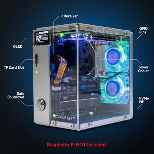 Pironman 5 NVMe M.2 SSD PCIe Mini PC Case for Raspberry Pi 5 Hailo-8L AI Accelerator with Tower Cooler+Dual RGB Fans, 0.96'' OLED Module, Safe Shutdown, Standard HDMI, RGB Effect, Stylish Design