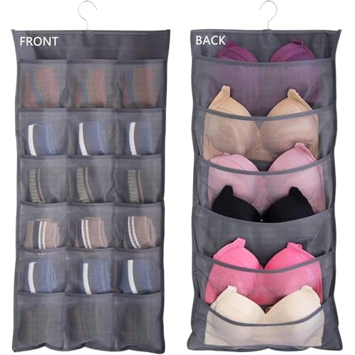 Hanging Mesh Pockets Dual-Sided Closet Organizer for Underwear,Bra,Socks,Accessories with Hanger,Total 24 Pockets Grey
