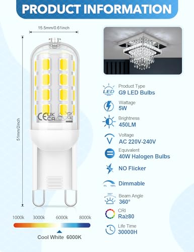COTLEDL G9 LED Bulbs Dimmable Cool White 6000K,5W G9 Bulb,450LM,Equivalent to 40W Halogen Bulb, No Flicker Energy Saving LED Light Bulbs for Home Lighting Decor 10-Pack