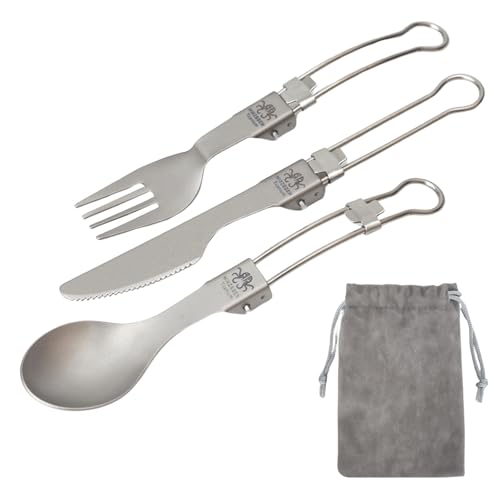 Posate da Campeggio in Titanio - Set da Viaggio Ultraleggere e Pieghevoli per Escursioni con Custodia Elegante