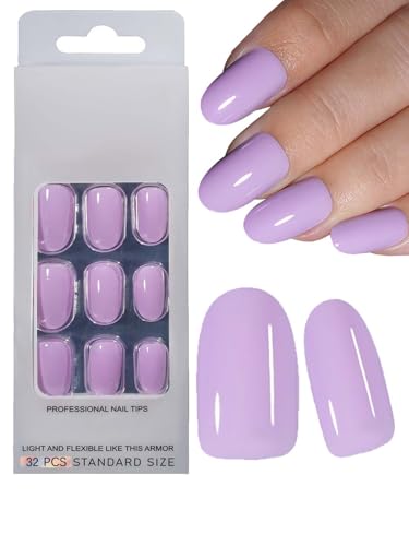 32pc Short Press on Nails Oval Fake Nail Kit,Oval Nails Press ons Nail Short Acrylic Nails Purple Stick Nails Women Artificial Fingernail Round Almond Acrylic Nails Set with Tabs File Tool