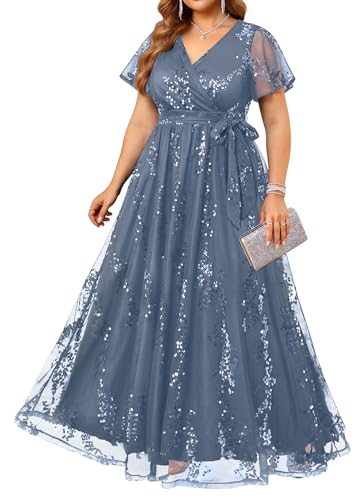 Plus Size Formal Wedding Guest Mother Bride Groom Dress Dusty Blue Prom Evening Gowns 2026 Sequin Tulle Long Dresses 16W