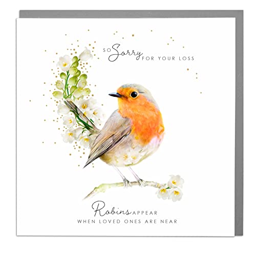 Lola Design - So Sorry For Your Loss - Robins appear when loved ones are near - Sympathy - Biglietto di auguri bianco con busta grigia Lola Design - So Sorry For Your Loss - Robins appear when loved ones are near - Sympathy - Biglietto di auguri bianco con busta grigia