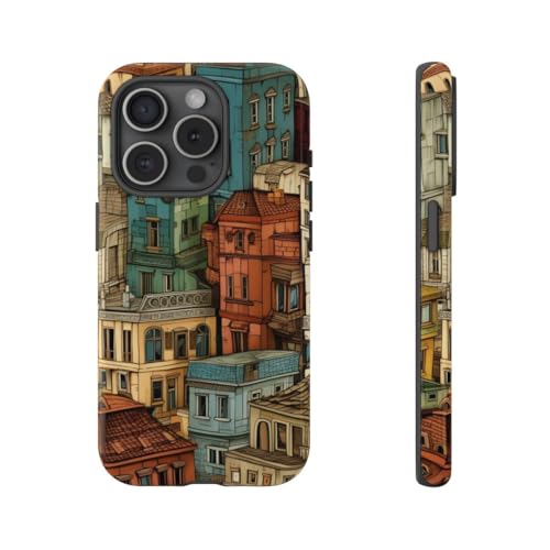 Coque iPhone 15 Pro marron motif bâtiment urbain coloré brillant