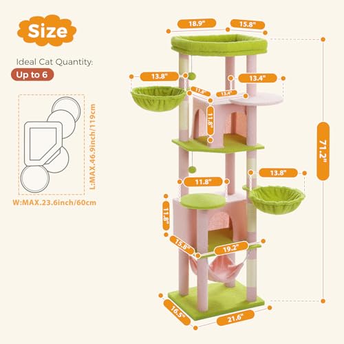 Image of MUTTROS 71.2 inch Large Cat Tree for Multi-Cat Households - Heavy-Duty 9-Level Cat Tower w /5 Sisal Scratching Posts, 2 Condos, 3 Hammocks, Extra-Large Perch & Pompoms - Space-Saving, Pink