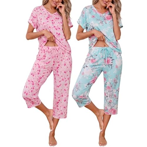 Marvmys Womens 2 Pack Pajama Sets Short Sleeve Pajamas Tops and Capri Pants Pjs Print Lounge Sets with Pockets S-3XL