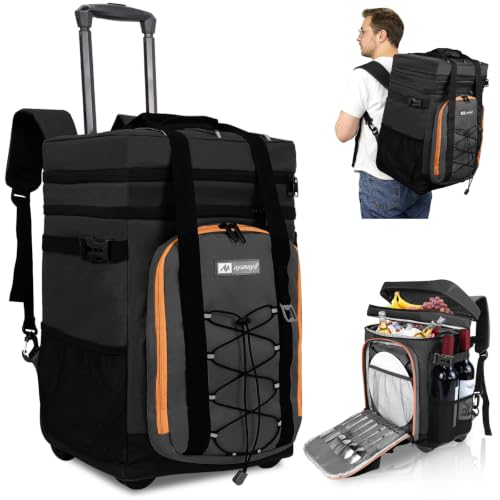 Backpack Cooler with Wheels, AYAMAYA 50 Can Rolling Cooler Backpack with Handle, 2-in-1 Collapsible Trolley Cart Double Deck Soft Cooler Bag for Beach, Picnic, Camping, Shopping, Travel