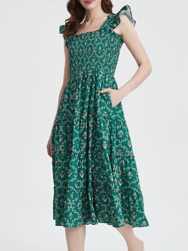 LifeShe Women Summer Floral Midi Flowy Dress Square Neck Smocked Flutter Sleeve Tiered Beach Boho Wedding Guest Dresses4
