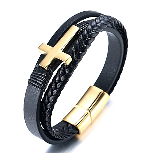 HALUKAKAH Pulseras para Hombre Vikingos,Chapado en 24K Oro Sólido Acero de Titanio Cruz Triple Pulsera de Cuero Negra Hecha a Mano Cierre Magnético 21,5cm,con Caja de Regalo
