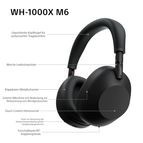 Sony WH-1000XM6 Flagship Noise Cancelling Over-Ear Wireless Kopfh&ouml;rer, Signature Hi-Res Sound, ultimativer Komfort, faltbarem Design, strapazierf&auml;hige Tasche, 30 Std-Akku, iOS & Android - Schwarz
