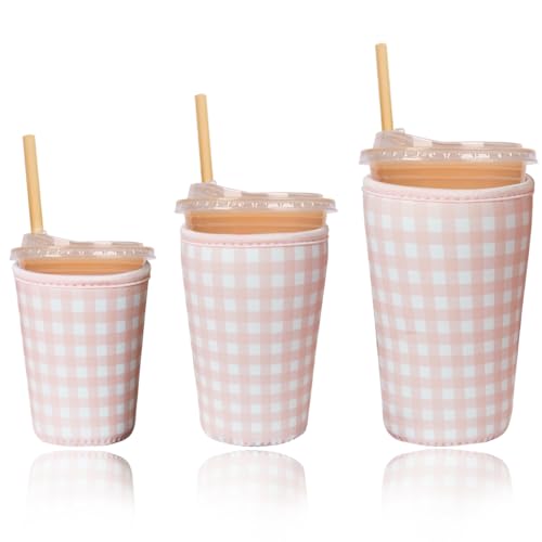 Image of Reusable Insulated Sleeve for Iced Coffee Cup, 3-Pack Coffee Neoprene Drink Sleeve for Cold & Hot Drinks, Beverage Holder for Iced Coffee (Pink Gingham)