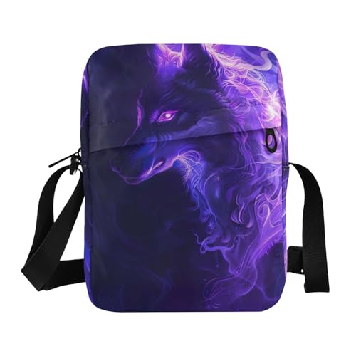 Crossbody Bag Neon Glowing Purple Flame Wolf Animal Messenger Bag for Women Men Purse Shoulder Bag Satchel Bag with Adjustable Strap 202b5967