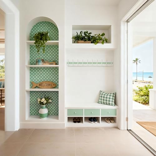 Image of SKOLOO Coastal Wall Mounted Coat Rack - 38-1 /8 inch Beach House Entryway Wooden Coat Hook with 10 Hooks for Hanging Coats, Hats or Towels, Oceanfront Cottage Core Collection, White & Green