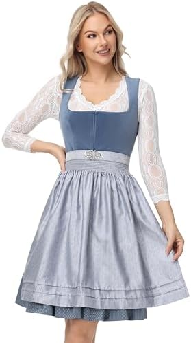 ELFIN Damen Midi Dirndl, Elegante Trachtenkleid, Samt Damen Dirndlkleid mit Plissee Schürze, Perfekt für Oktoberfest