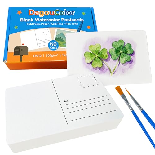 DagouColor Blanco Papel de Acuarela Tarjetas Postales, 60 Tarjetas, 4'x6', 140lb/300gsm, Granel Papel de Arte Pesado Libre de ácido Para Notas de Gracias y Tarjeta de Felicitación