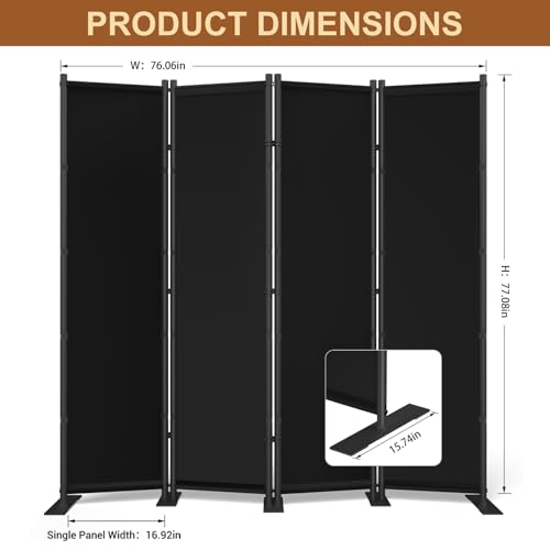 4 Panel Room Divider, 6FT Freestanding Folding Privacy Screen, Room Divider Panel 76.77" W X 75.6" H, Portable Partition Wall Dividers for Home Office Bedroom, Black by Womnwomn - Used condition - Image 2