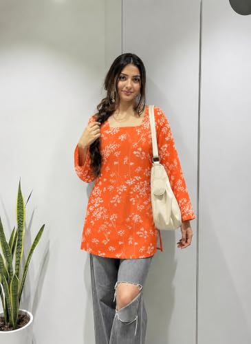Image of SONISHA Women's Rayon Floral Print Short Kurti for Women Elegance Square Neck, Long Sleeves with Style Criss Cross Back Kurti, Top for Office Wear, Casual, Outdoor