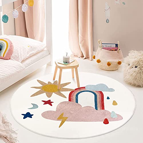 USTIDE Soft Round Rainbow Rug, Washable & Foldable 4ft Children's Decor Non Slip Kids Living Room Rug, Rainbow&cloud, 120 x 120 cm - Image 2