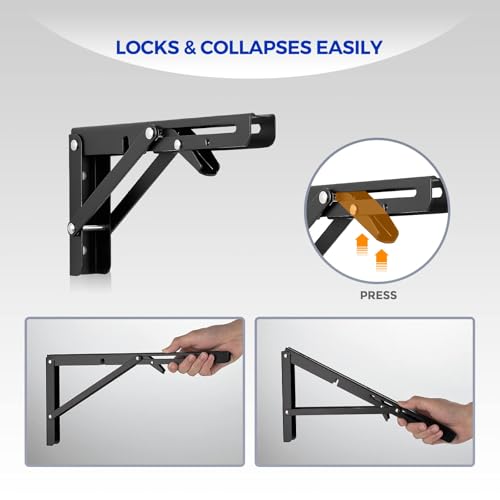 Image of Ravinte 4 Pack 12 Inch Folding Shelf Brackets - Matte Black, Heavy Duty Collapsible Brackets for Tables and Benches - Space-Saving Design
