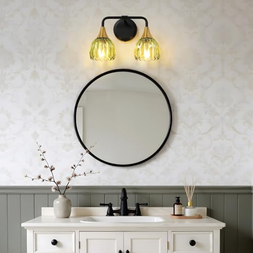Image of Bathroom Vanity Light Fixtures: 2-Lights Vintage Bathroom Lights Over Mirror with Ribbed Green Tulip Glass Shade - 14 inch Black and Gold Wall Sconce Bath Lighting