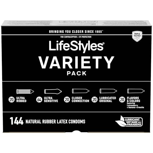 LifeStyles Variety Pack Natural Rubber and Lubricated Latex Condoms 144 Count Triple Tested (Pack of 1)