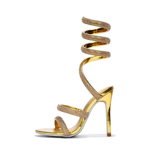 Cape Robbin Women's Rhinestone Heels 4 Inch Stiletto - Sparkling Strappy Sandals with Wraparound Ankle Strap, Round Toe High Heels Memory Foam Cushion (Dyana) - Gold 7