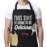 This is Going to be Delicious - Funny Black Aprons for Men and Women with 3 Pockets - Birthday, Christmas, Thanksgiving Gifts for Mom, Dad, Husband, Wife - Miracu Kitchen Chef Cooking BBQ Apron
