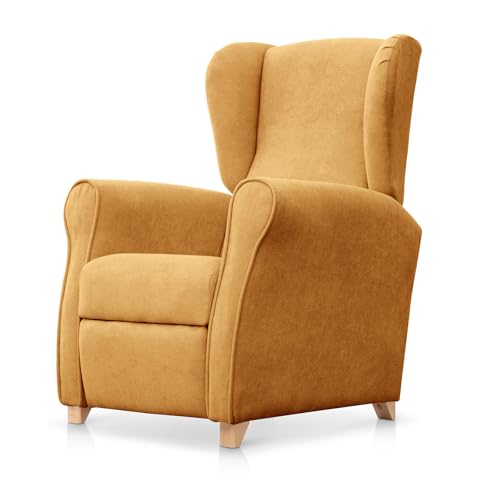 SUENOSZZZ-ESPECIALISTAS DEL DESCANSO Sillón Relax orejero Irene reclinable con Patas de Madera, Relax nórdico tapizado en Tela Antimanchas Mostaza