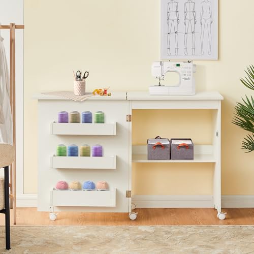Folding Sewing Table, Multipurpose Craft Station, Rolling Sewing Cabinet, 3 Storage Trays, Magnetic Door, Lockable Wheels, Compact Design Sewing Machine desk for Home Apartment, mesa de costura - Thumbnail 3