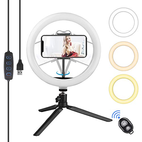 LED Selfie Ringlicht Ringleuchte Stativ mit Fernbedienung Tischringlicht mit 3 Farbe und 10 Helligkeitsstufen Live Licht für Fotos oder