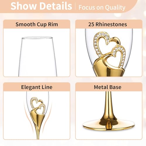 Nuptio Nozze Regalo Oro Bicchieri: Set di 2 Bicchieri Champagne Brindisi Flûte Cristallo Matrimonio Anniversario Feste - immagine 6
