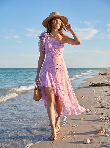 Image of GRACE KARIN Womens Summer One Shoulder Sleeveless Dresses Floral Flowy Ruffle High Low Wedding Guest Maxi Sundresses