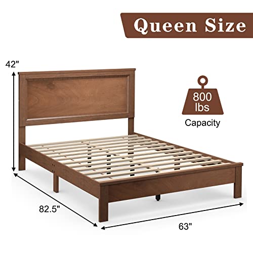 Giantex Wooden Bed Frame, Queen Platform Bed W/Rubber Wood Legs & Integrated Headboard, Solid Slatted Bed Base W/Roll-Out Slats For Easy Assembly Supports 500 Lbs, No Box Spring Needed, Walnut #TOP3