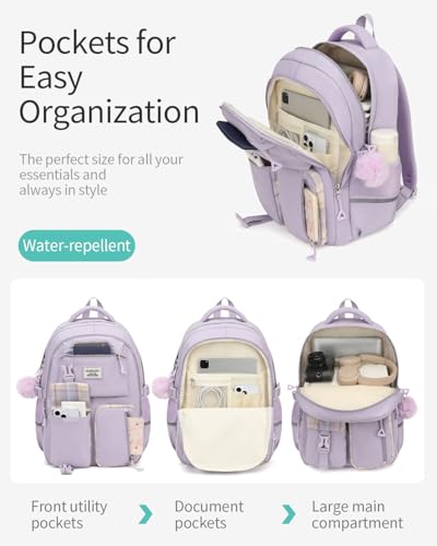 Image of School Backpack for Teen Girls, Big Student Laptop Backpack Aesthetic Bookbags for College Women Elementary Middle High School Travel Mochilas Escolares, Purple