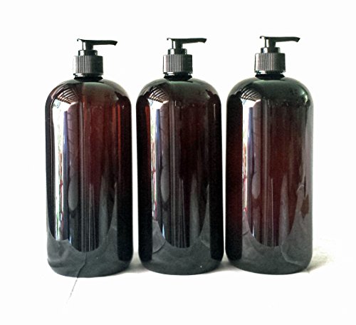32 oz Amber Plastic PET Plastic Bottle with Black Hand Lotion Pump and Kraft Labels (3)