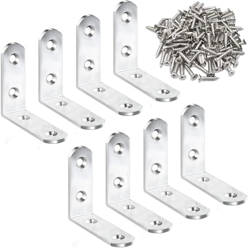 8 Pack L Bracket Corner Braces 2 Inch Stainless Steel Heavy Duty Shelf Bracket for Wood Shelves, Wall Hanging Support 90 Degree Joint Right Angle Brackets with Screws