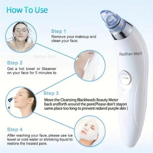 Radhav Mart 4 In 1 Multi-Function Blackhead & Whitehead Extractor Remover Device Facial Cleansing Tool,Skin Cleaner,Pimple Removal Tool,Acne Pimple Pore Cleaner Vacuum Suction Tool For Unisex(White) 1