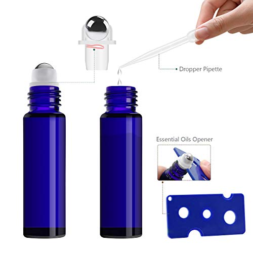 Glass Roller Bottles，24 Pack 10Ml Cobalt Blue Roller Bottles For Essential Oils Roller Bottles With Stainless Steel Roller Balls (1 Brush, 24 Labels, 3 Droppers, 6 Extra Roller Balls, 2 Openers) #TOP3