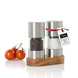 AdHoc Set Salzmühle und Pfeffermühle STILO | langlebiges Keramik Mahlwerk, edles Gehäuse aus Edelstahl & praktischer Untersetzer | Mahlergebnis fein bis grob | simple Bedienung & modernes Design