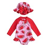 Aimaopao Newborn Baby Girls Swimsuit Long Sleeve Zipper Bathing Suit One Piece Swimwear with Hat for Beach Wear (Watermelon Red, 0-3 Months)