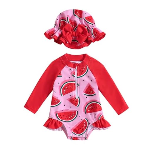 Aimaopao Maiô feminino de manga comprida com zíper e chapéu, Vermelho melancia, Newborn