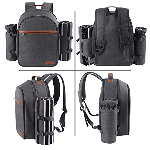 Apollo Walker Picnic Backpack Set For 2 Person With Cooler Compartment, Detachable Bottle/Wine Holder, Fleece Blanket, Plates And Cutlery Set (Dark Gray) #TOP4
