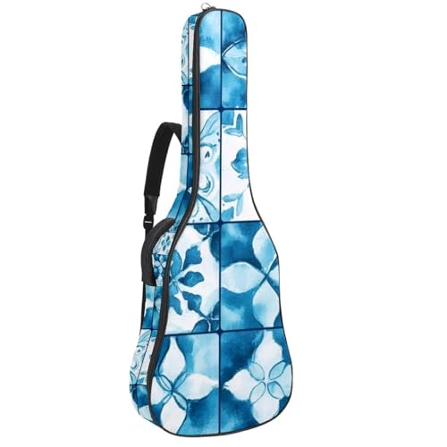 Teal Blue Geometric Pattern Acoustic Guitar Gig Bag, 1 cm Thick Padding Waterproof Guitar Case Backpack with Dual Adjustable Shoulder Strap for 40-42 Inch Guitar