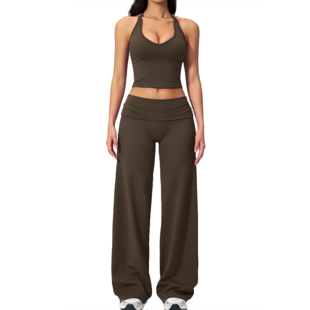 XYFfybhsd 2-Piece Yoga Outfit with Halter Tank Top & Fold-Over Waist Wide Leg Pants Loose Athletic Wear Gym Sports Activewear Set(Size:M,Color:Brown)