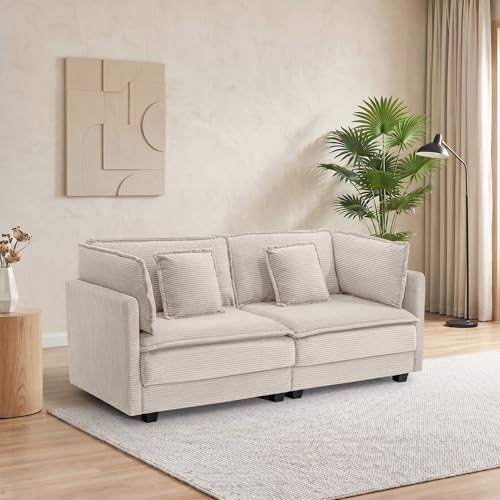 Image of 78.4 inch Corduroy Loveseat Couch, Small 2 Seater Sofa Modern Upholstered Couch for Living Room Apartment Bedroom, Beige