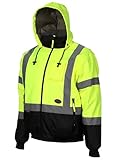 Pioneer Hi Vis Safety Bomber for Men - Waterproof, Reflective, ANSI Class 3, Winter Rain Jacket with Detachable Hood
