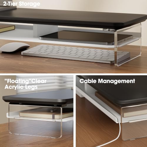 Image of Fenge 42.5 inch Dual Monitor Stand with Clear Acrylic Legs, Black | Clear Acrylic, Storage Compartment, 2-tier Home Office Monitor Riser, Wide Large Desktop Shelf Fit Monitor /Laptop /Printer